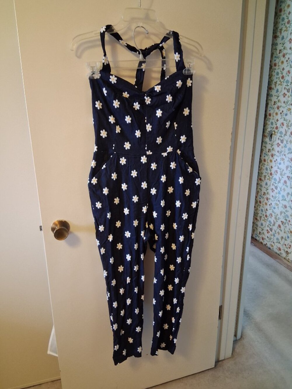 Daisy Print Denim Marcel Halter Jumpsuit, L - Picture 2 of 7